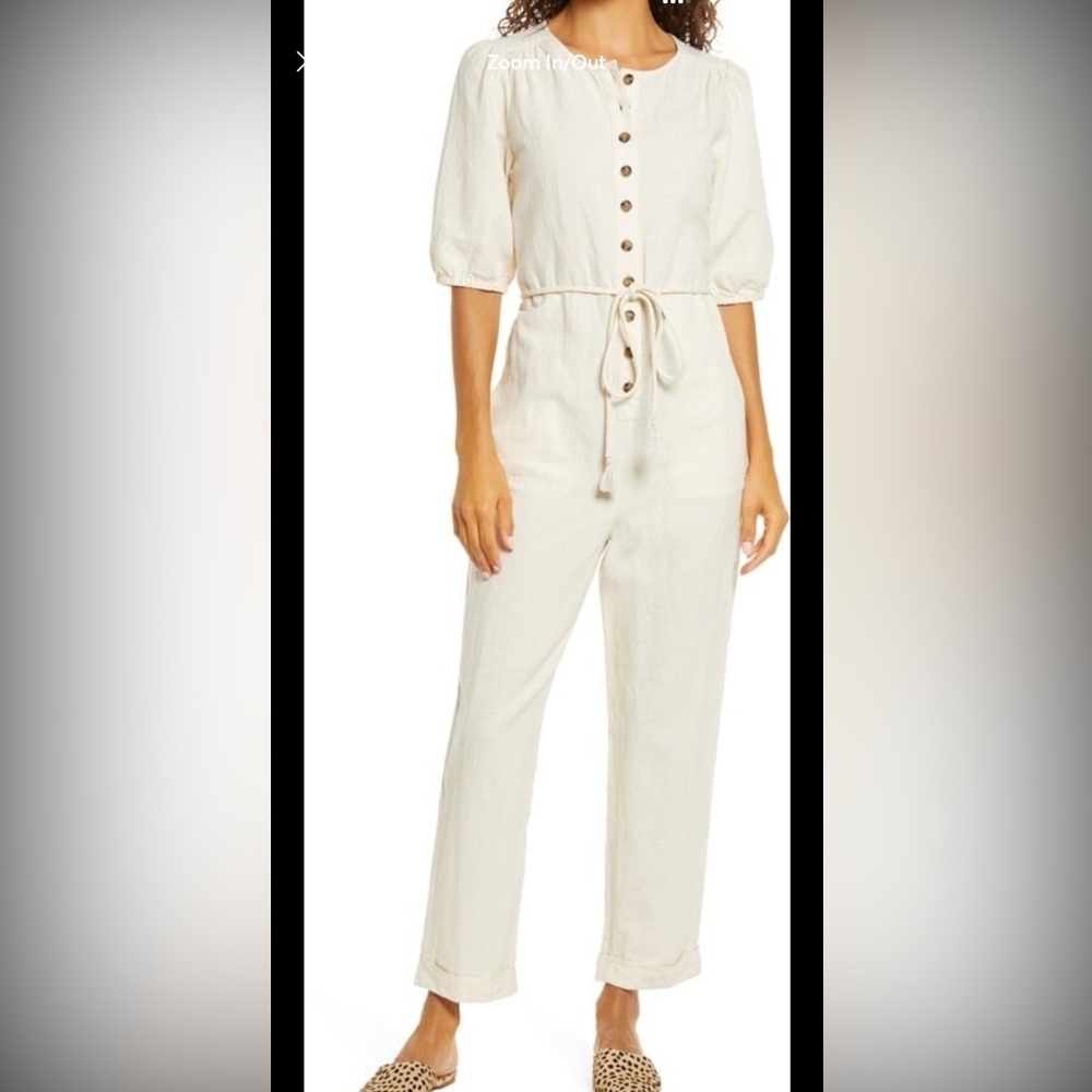 Madewell XXS Cream Puff‎ Sleeve Tassel Tie Linen Blend Jumpsuit